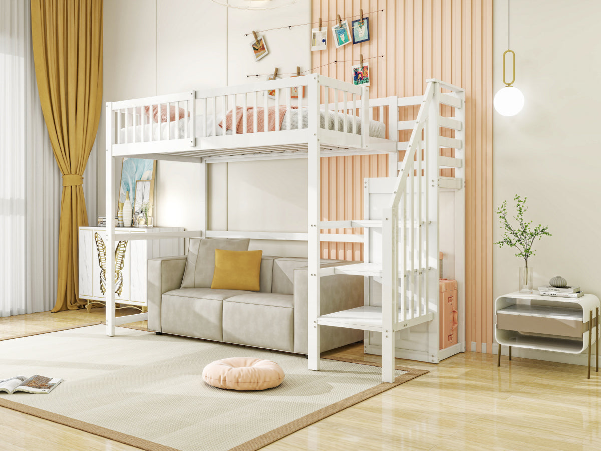 Loft Bed 90x200 with Stairs Storage Shelf Wardrobe, White Wooden