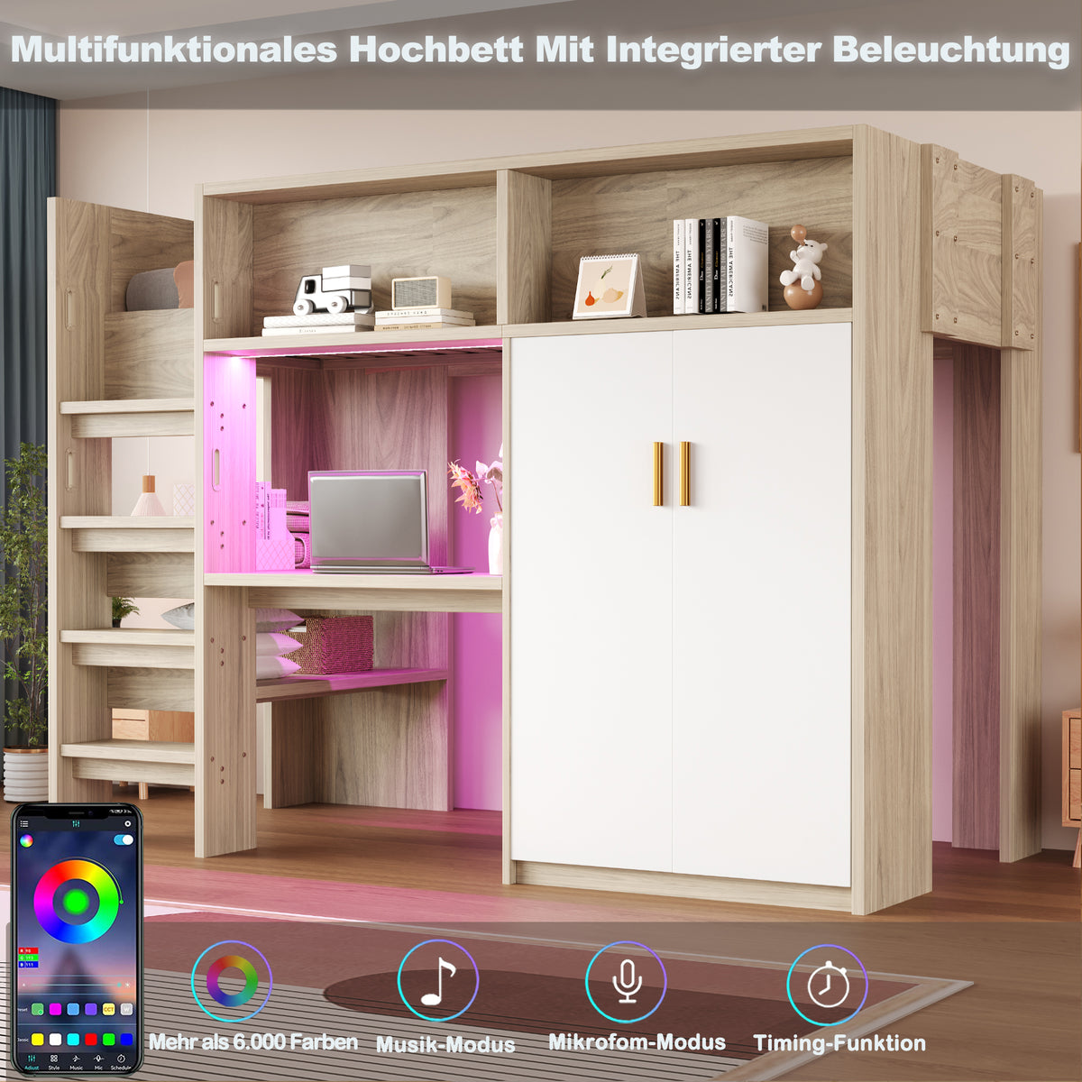 Multifunctional Loft Bed 90x200 with Desk, Wardrobe & Storage, Wood