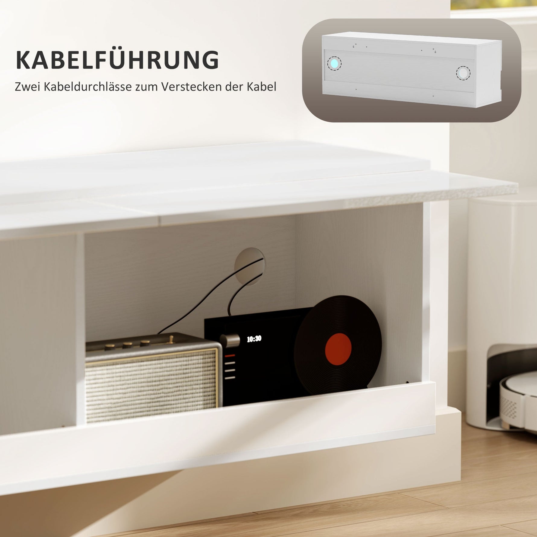 Wall-Mounted TV Cabinet, LED Lighting, Open Shelves, High-Gloss White