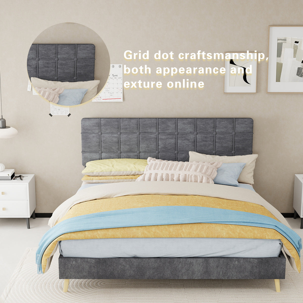 Modern Double Bed with Plaid Headboard 160x200cm, Dark Gray Fabric