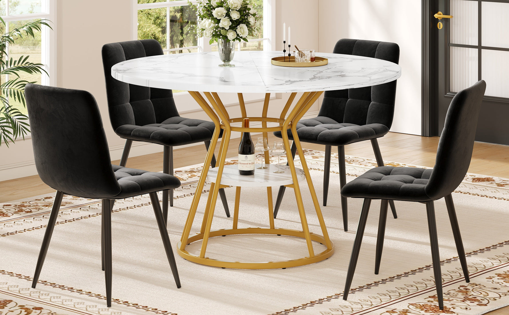 5-Piece Round Dining Table Set with 4 Velvet Chairs and Marble Top, Black