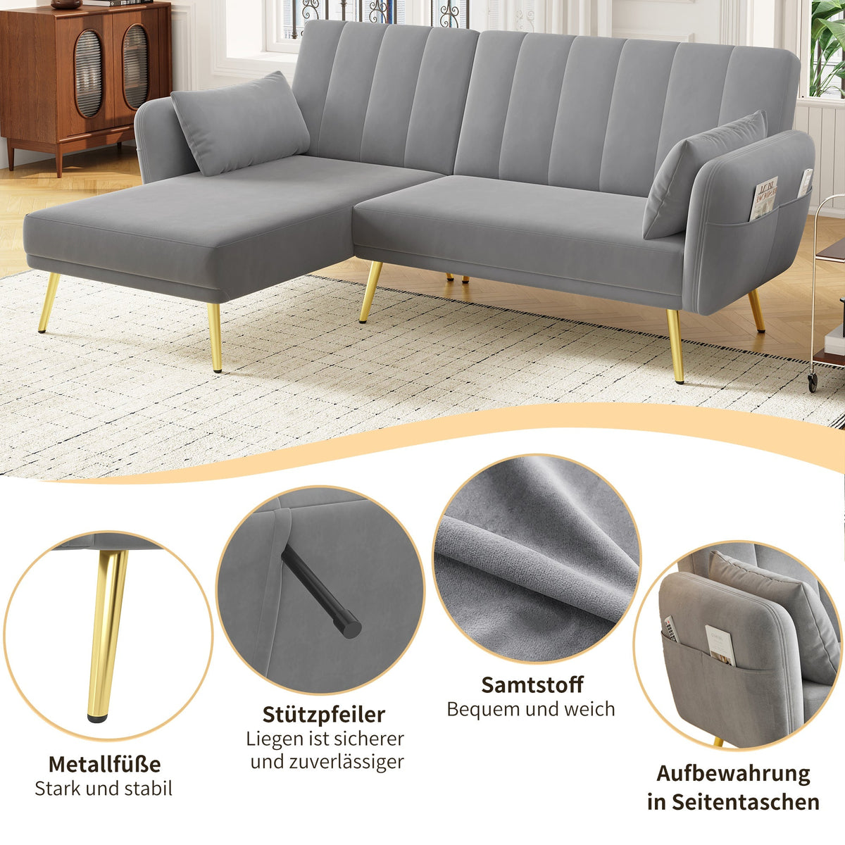Modern L-Shaped Fold-Out Sleeper Sofa with 3-Position Adjustable Backrest, Velvet