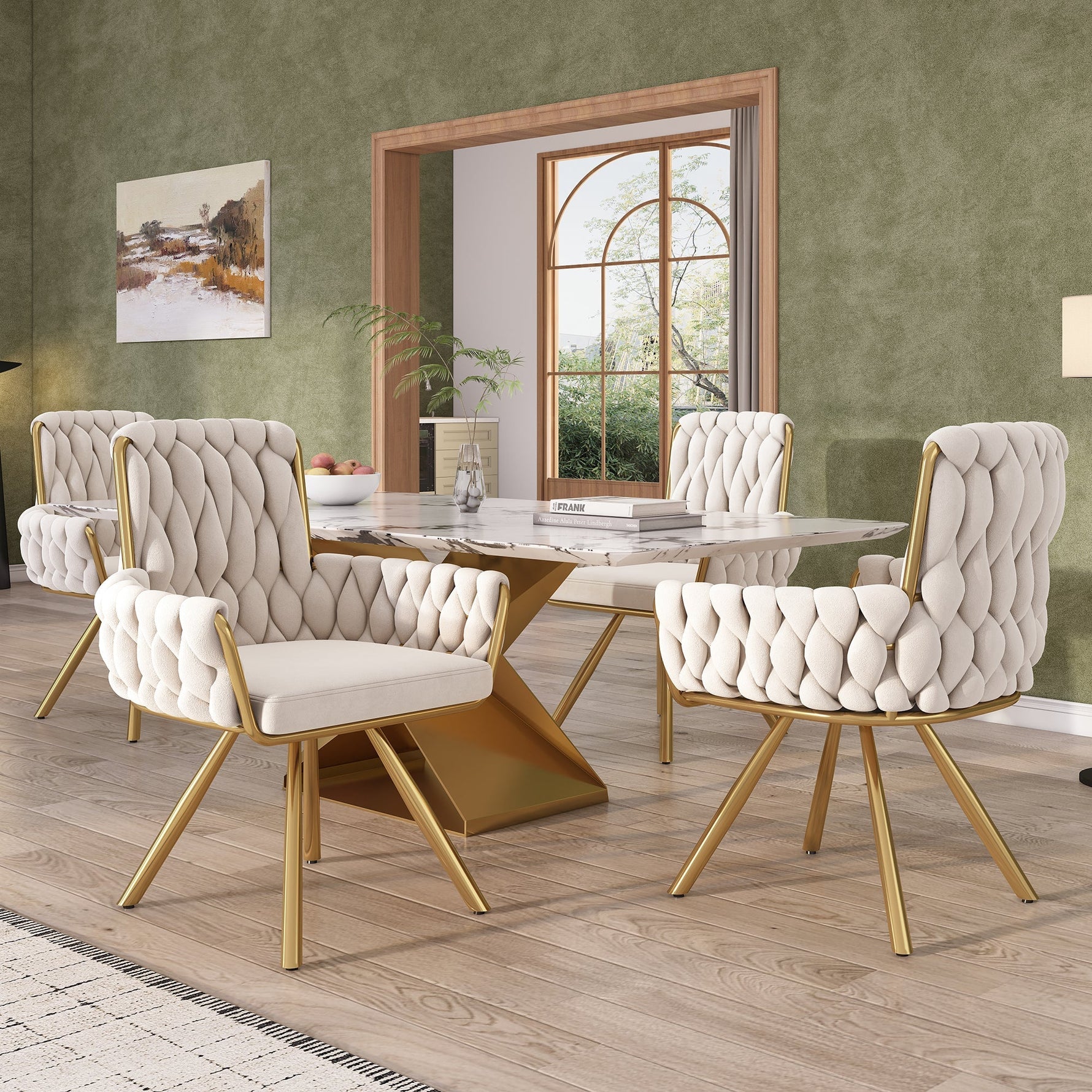 Velvet Dining Chair Set of 6, Luxury Swivel Armchair with Metal Legs, Beige
