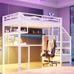 Metal Loft Bed 90x200cm with Light Strip Charging Socket Storage Ladder Wardrobe Desk White