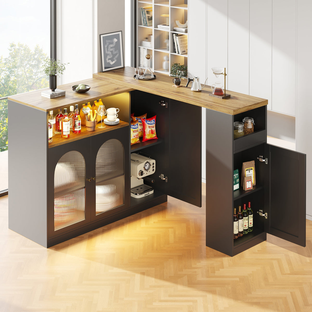 Bar Table, 360° Rotating with LED Light, Matte Black