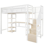 Loft Bed with Desk, Storage Ladder and LED Light Strip, White Metal Frame