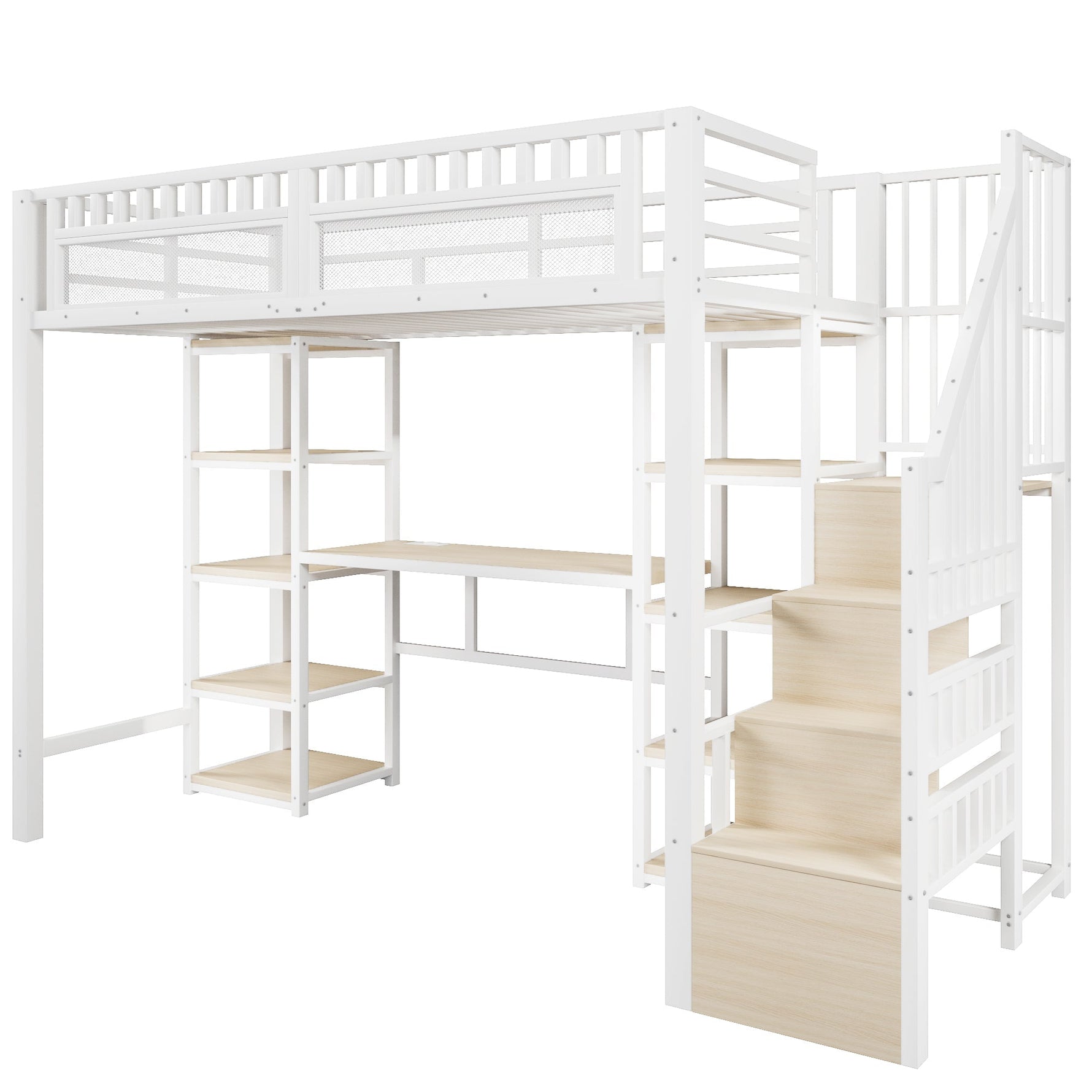 Loft Bed with Desk, Storage Ladder and LED Light Strip, White Metal Frame