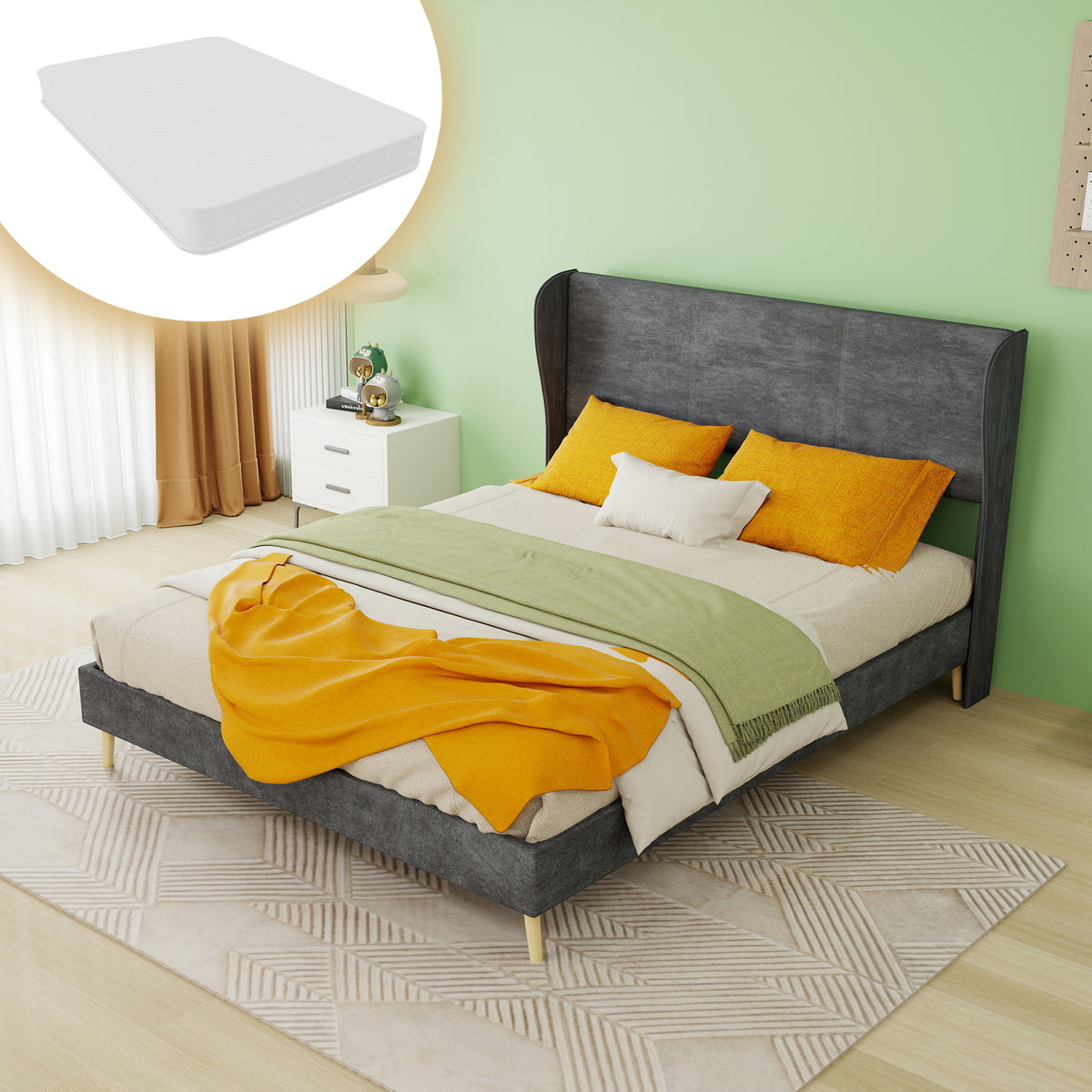 Modern Upholstered Bed with Mattress, 140x200 cm - Grey