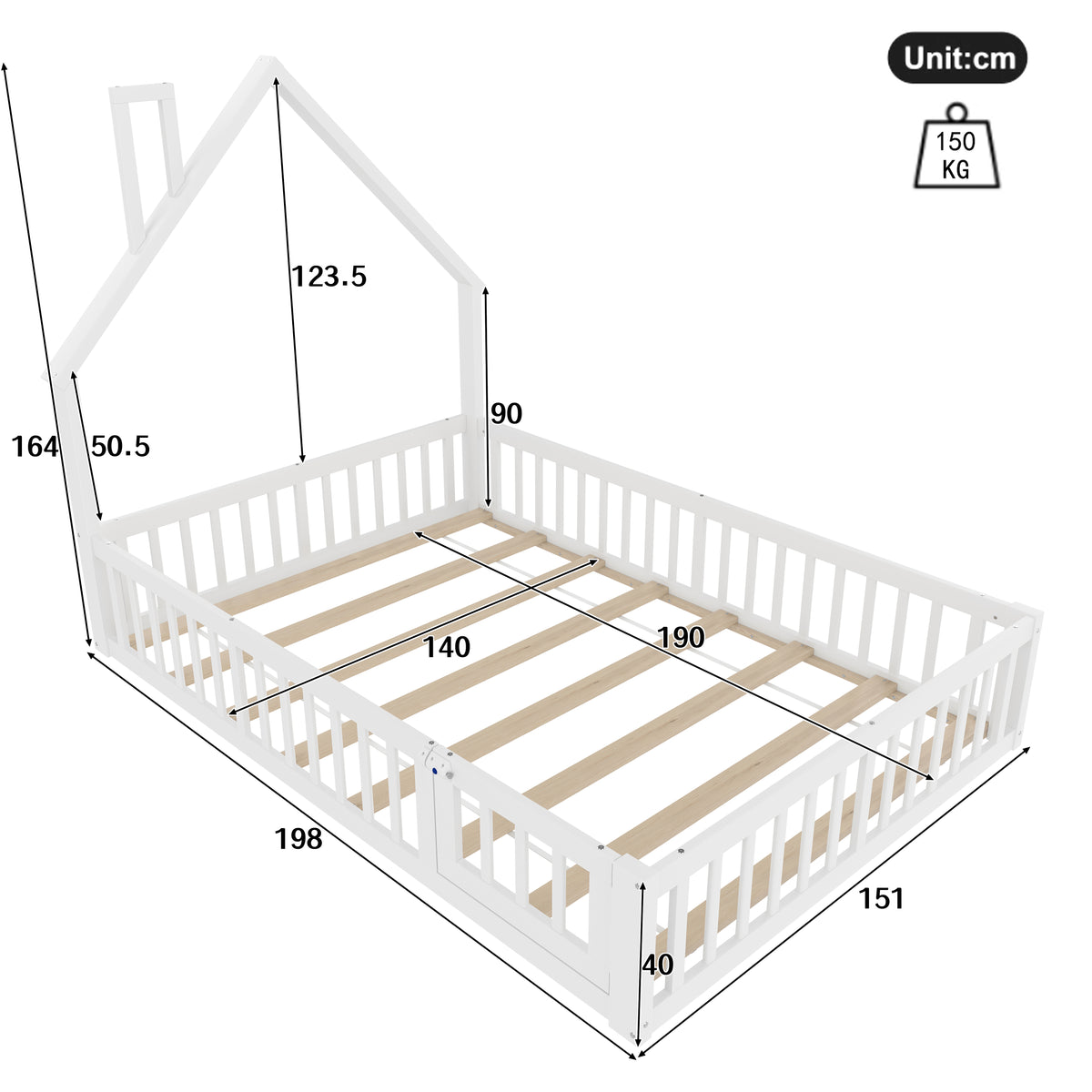 Children's Upholstered Bed 140x190cm Chimney Shape, White Pine Wood