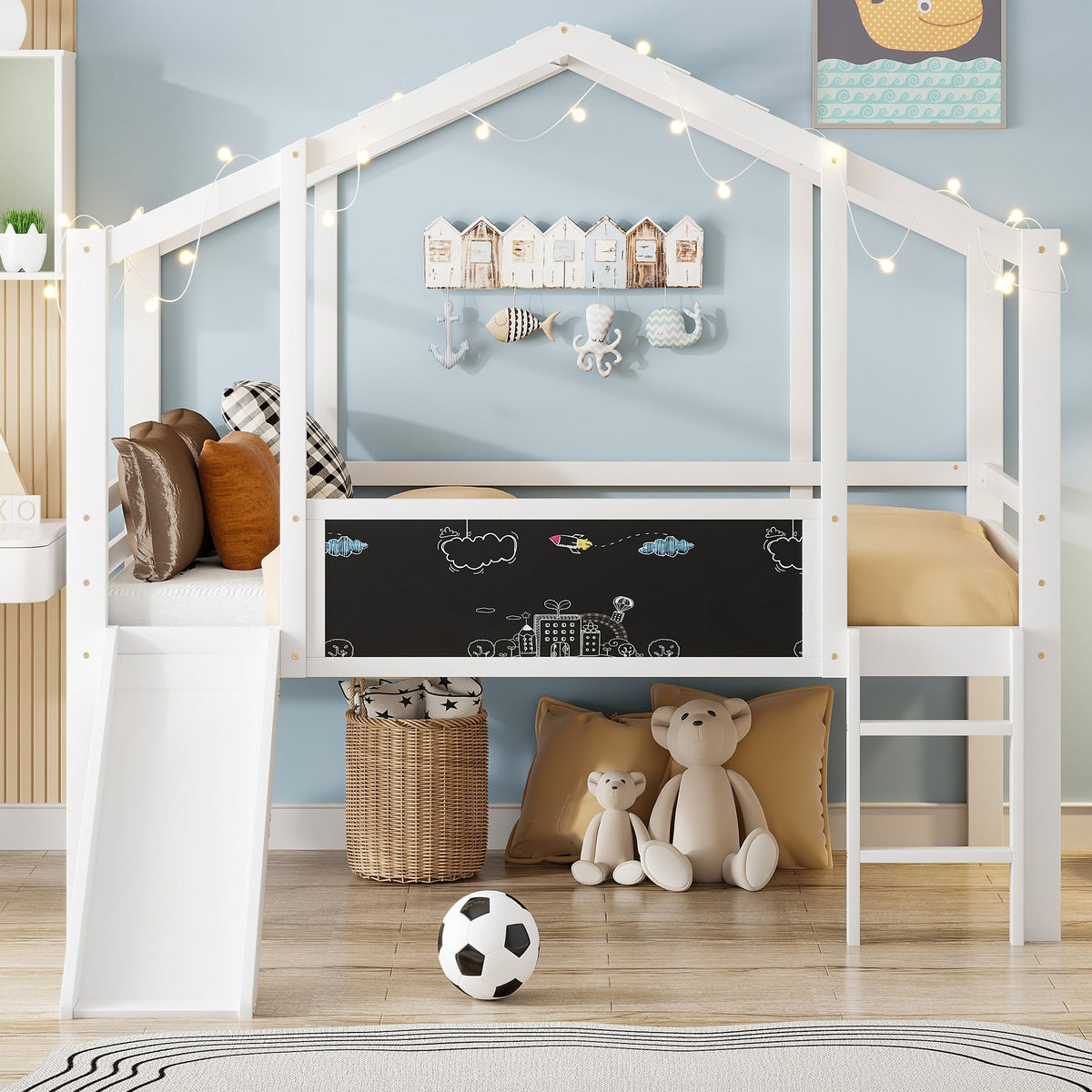 Children's Bed Attic Design, Ladder, Slide, Graffiti Board, Multifunctional Solid Wood, White