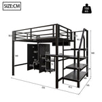 Loft Bed 140x200cm Wardrobe Shelves Storage Ladder Desk, Black