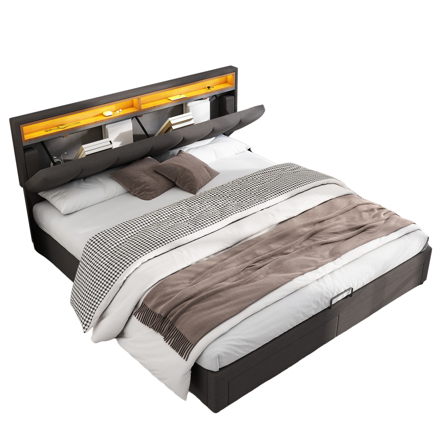 Upholstered Double Bed 180x200cm Hydraulic Storage LED Drawers - Linen Grey