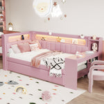 Upholstered Daybed with USB, LED, Pull-out Bed and Desk, 90x200cm, Pink