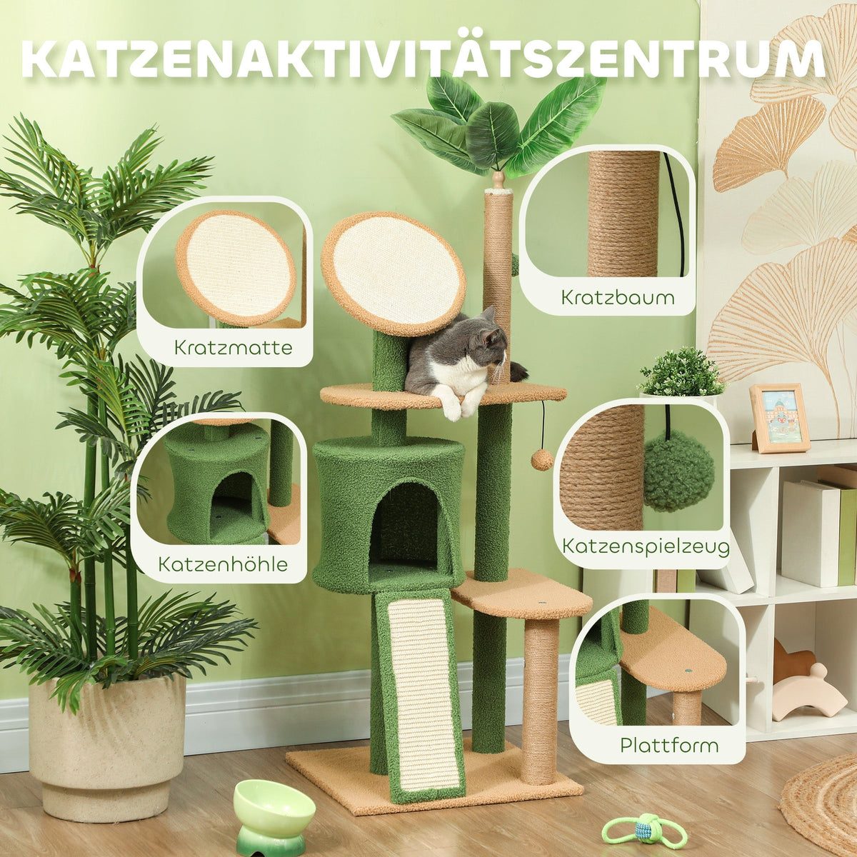 Cat Tree 139cm, with Cat Cave, Sisal Scratching Posts, Green