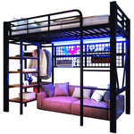 Loft Bed with Storage Shelves, Clothes Rail and LED Light Strip, Black Metal