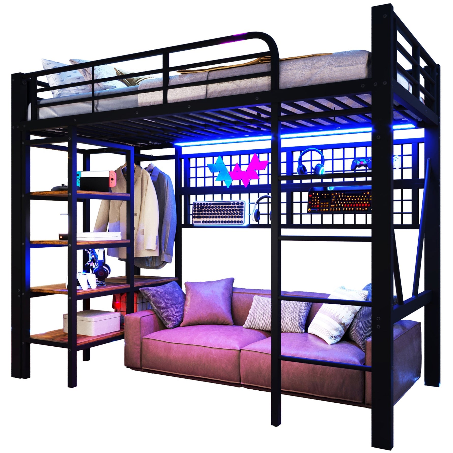 Loft Bed with Storage Shelves, Clothes Rail and LED Light Strip, Black Metal