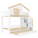 Bunk Bed 90x200cm with Trundle & Storage Ladder, White + Natural