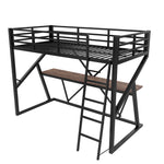 Loft Bed 90x200cm with Desk & LED Strip, Black Iron Frame