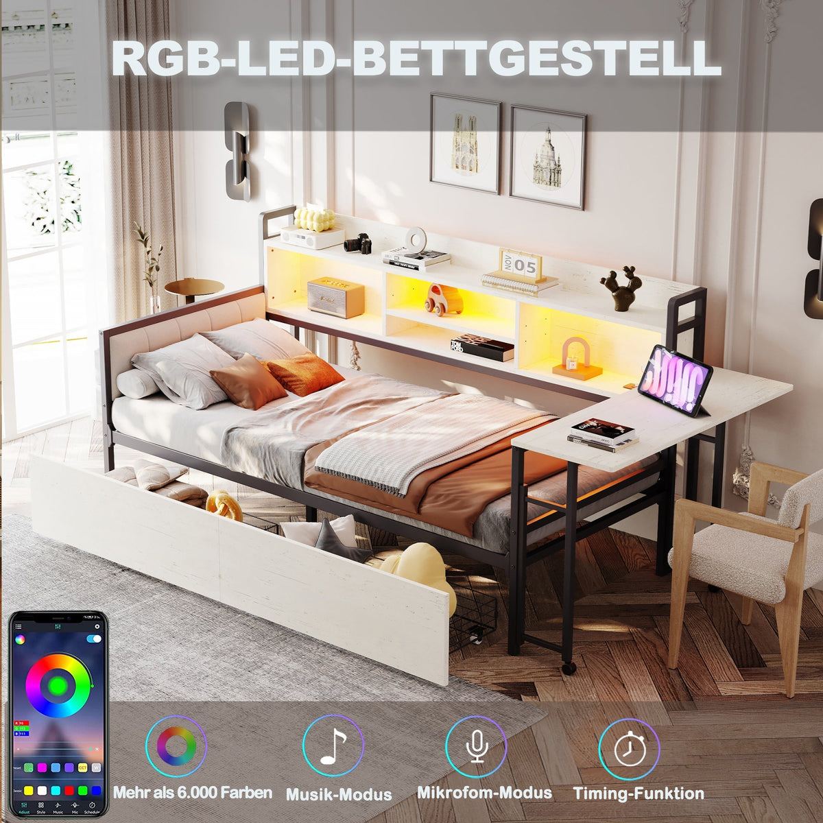 Iron Sofa Bed 90x200cm LED Storage Drawers Fold-Out Desk White