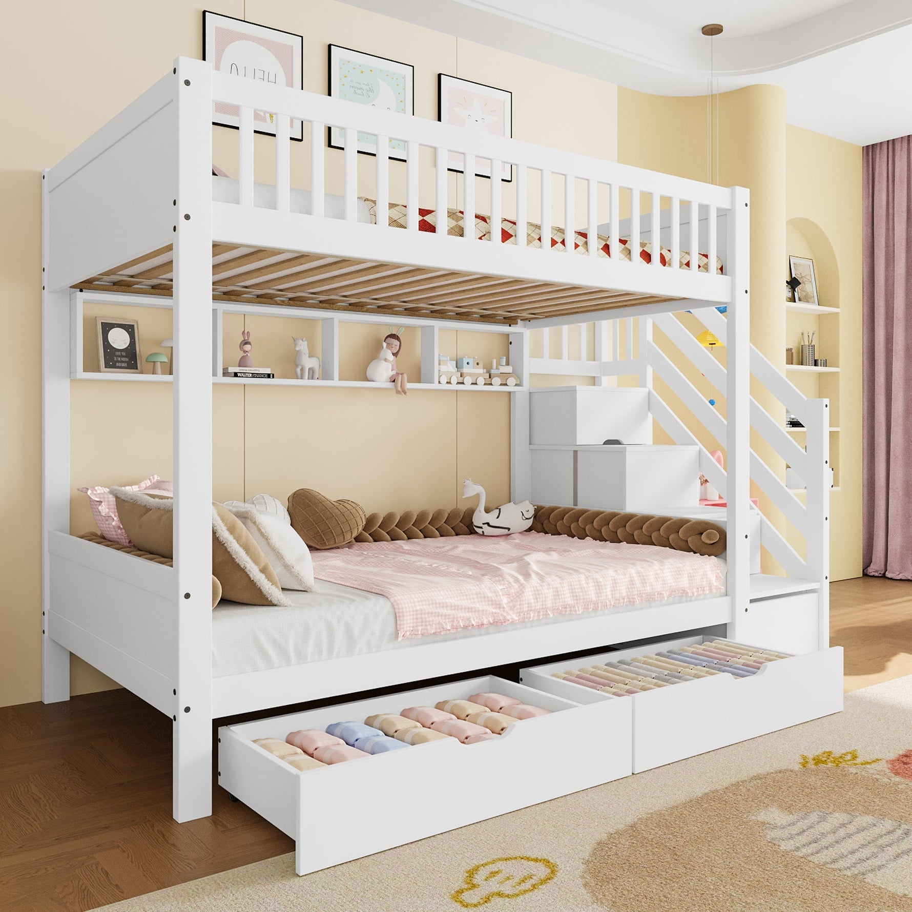 Bunk Bed 90x200cm Drawer Shelf Wardrobe Storage - White