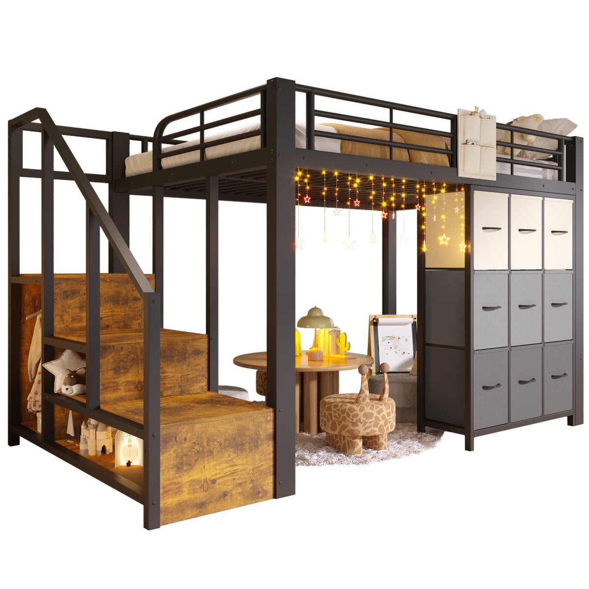 Loft Bed 140x200cm with Storage Stairs & Drawers, Black Metal
