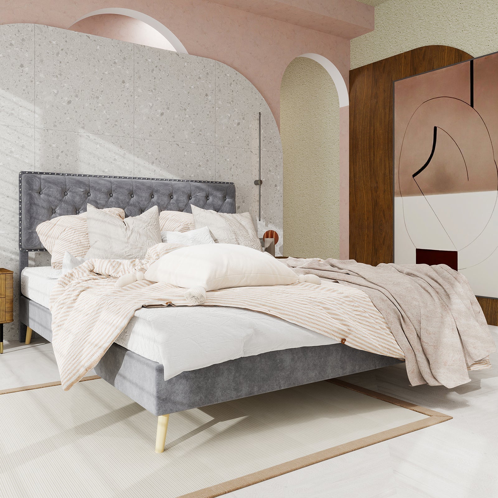 Modern Minimalist Soft Bed, Comfortable Headboard, Low Box Frame, Gray
