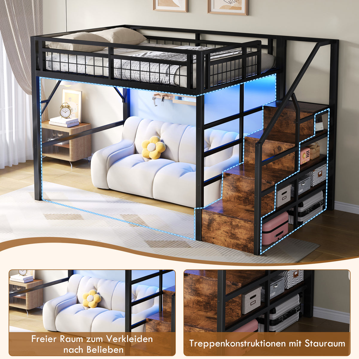 Loft Bed 140x200cm LED Storage Staircase - Black Iron Frame