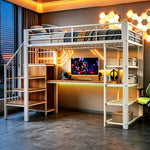 Iron Loft Bed 90x200cm with Desk, Pegboard & Storage - White