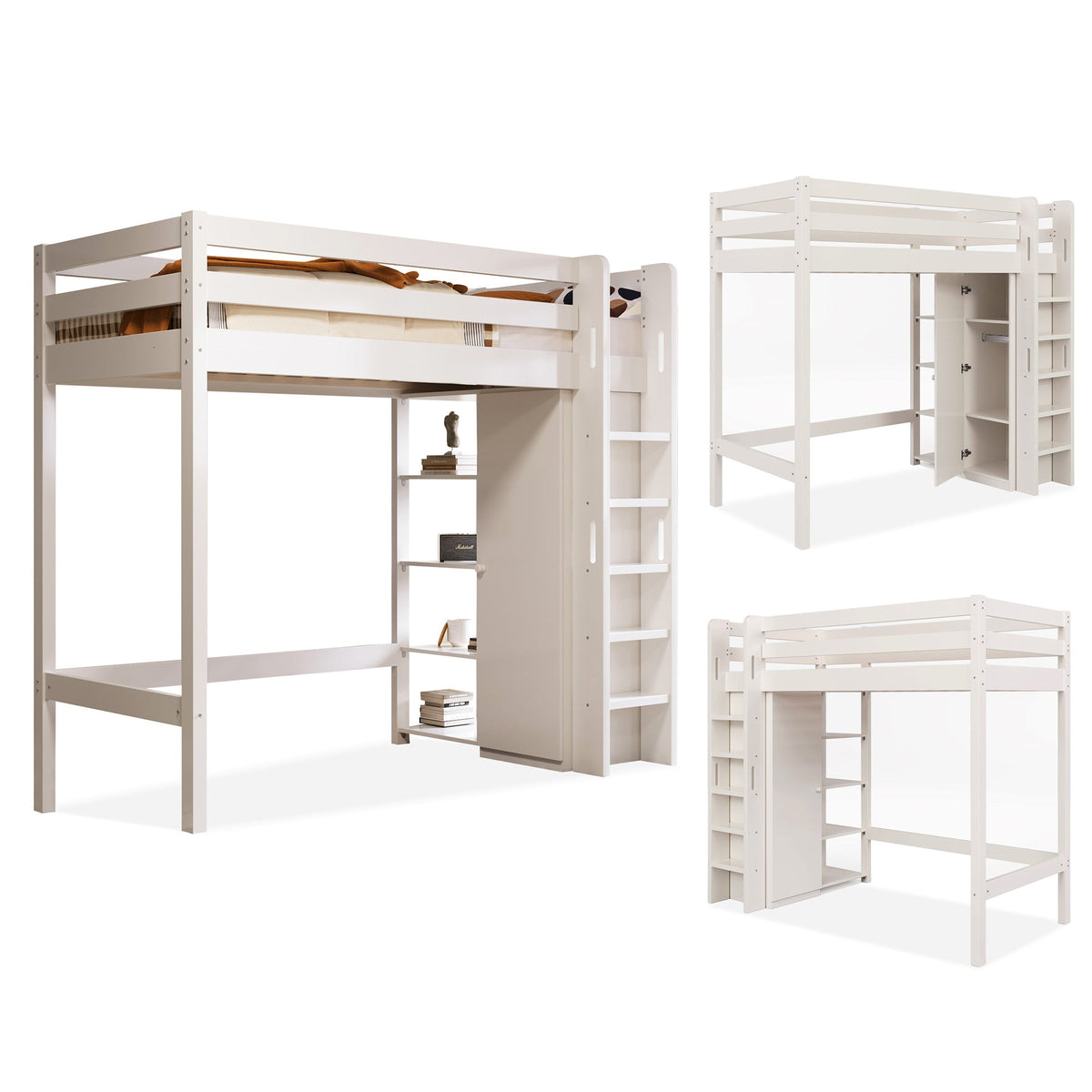 Children's Loft Bed, 90x200 cm Single with Wardrobe & 6 Shelves, White