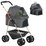 Pet Stroller 3-in-1 Folding with 4 Wheels, Removable Carrier, Grey
