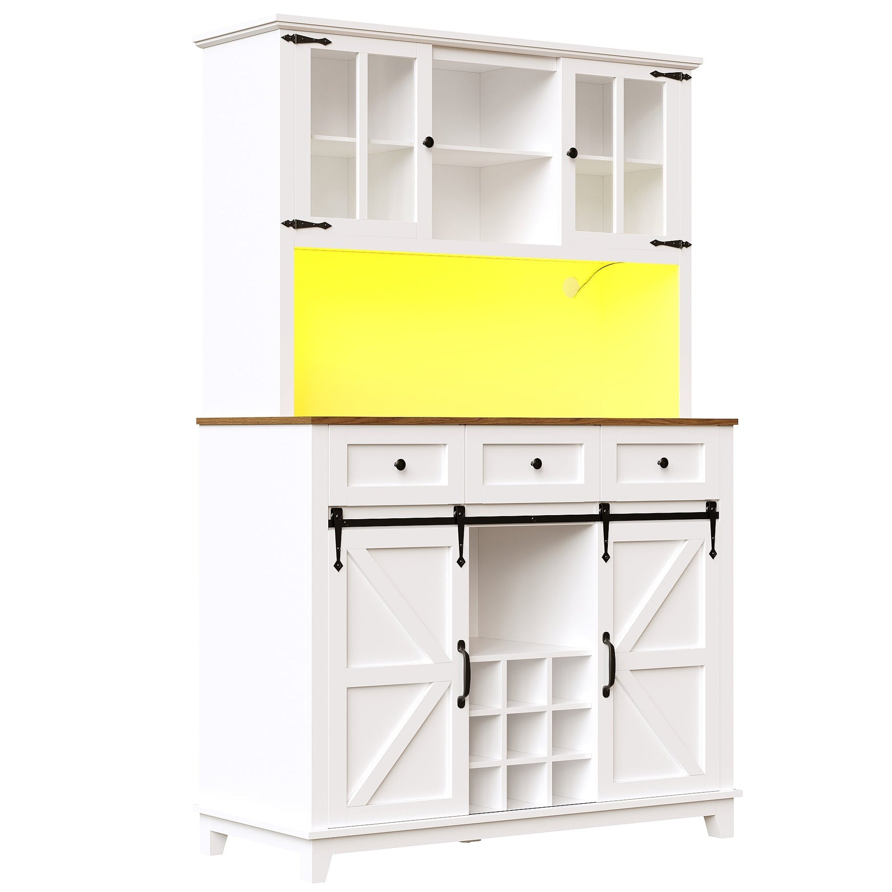 Tall Kitchen Cabinet with LED Lighting and Adjustable Shelves, White