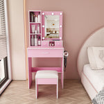 Small Vanity Set with LED Mirror, Storage & Stool, Pink