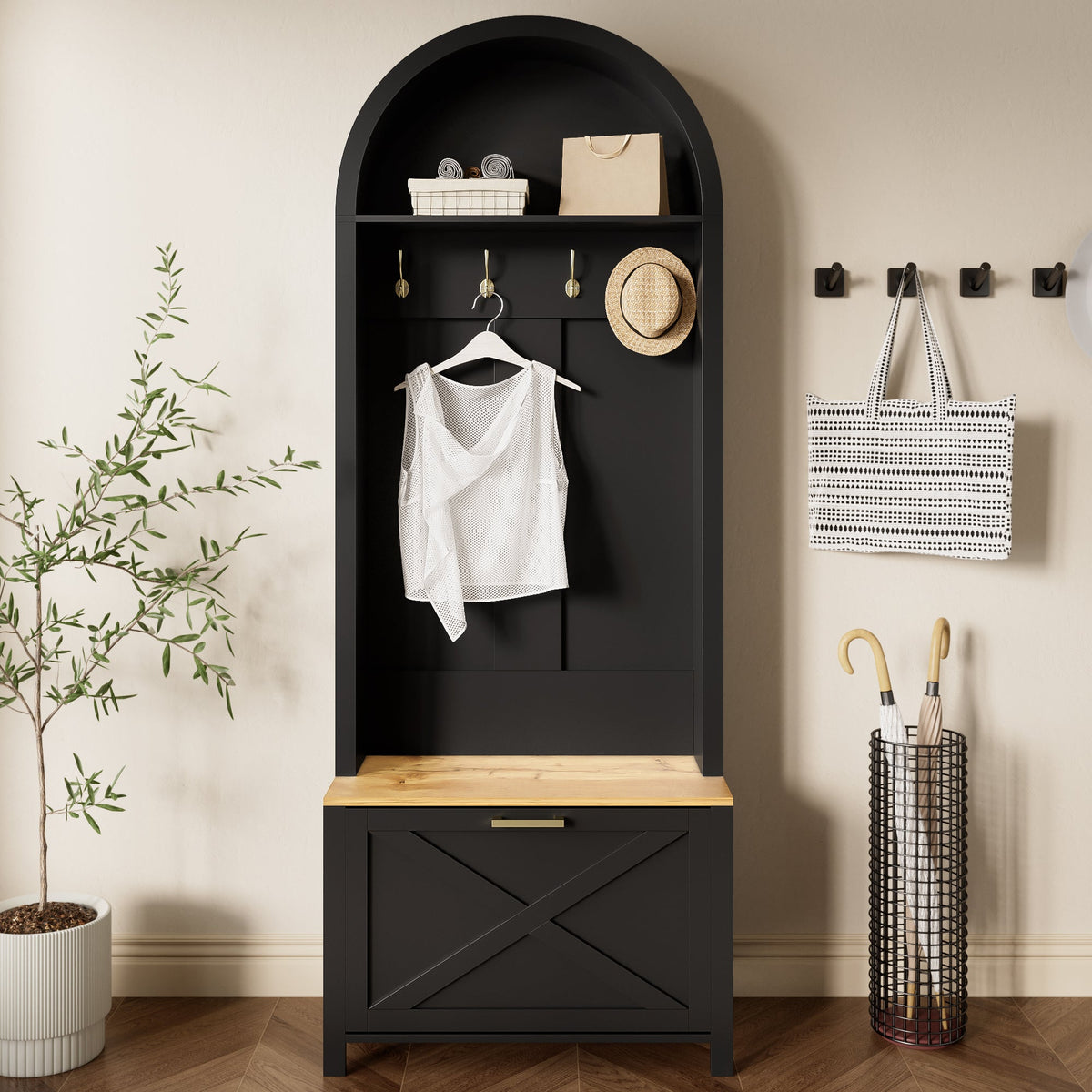 Multifunctional Wardrobe with Shoe Rack, Shelf & Hooks - Hall Tree, Durable MDF Body