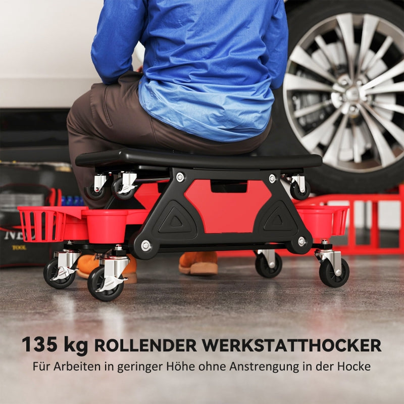Workshop Stool, Removable Wheels, Storage, Drawer, Red