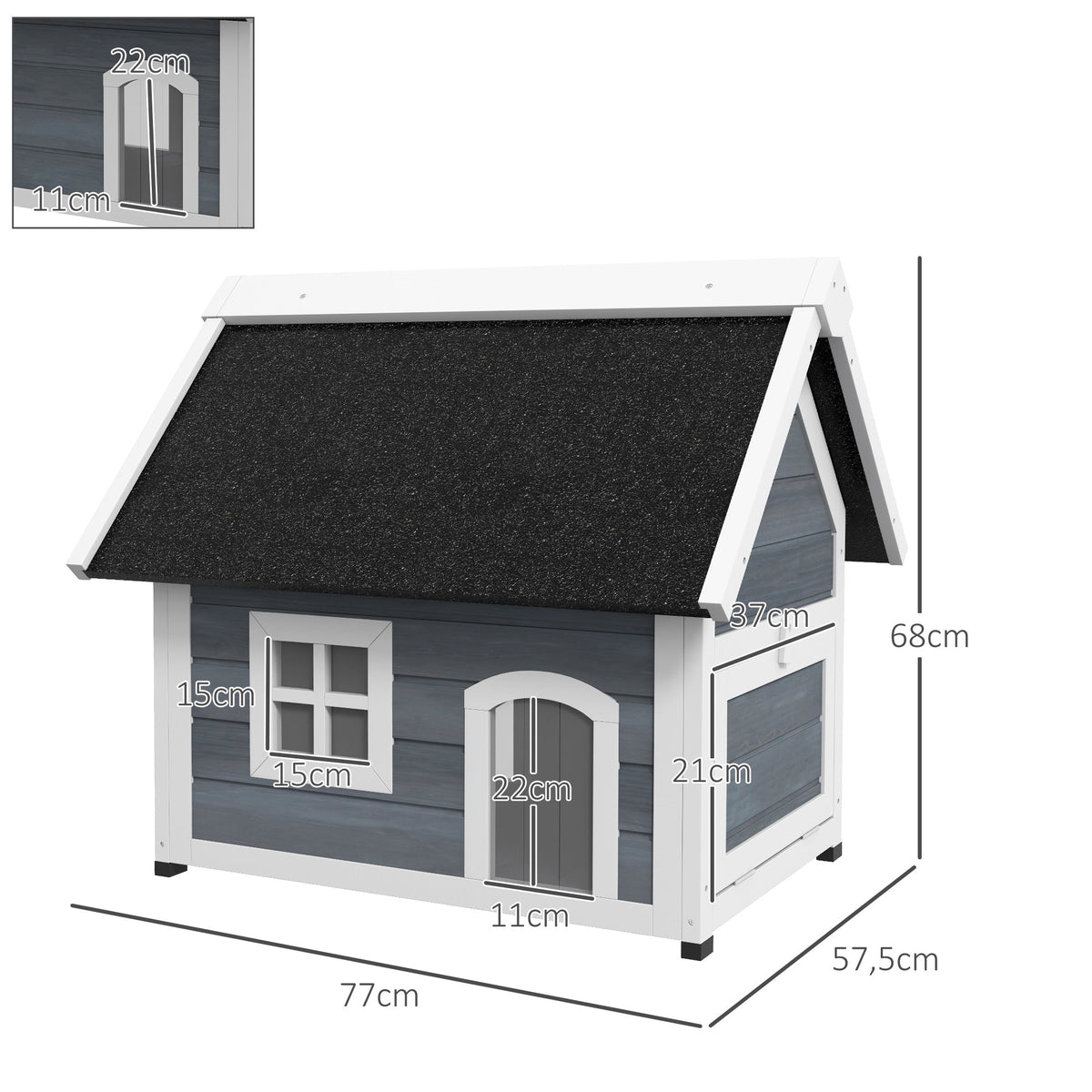 Cat House/Cave, Weatherproof Wooden with Hinged Roof, 3 Doors, Grey
