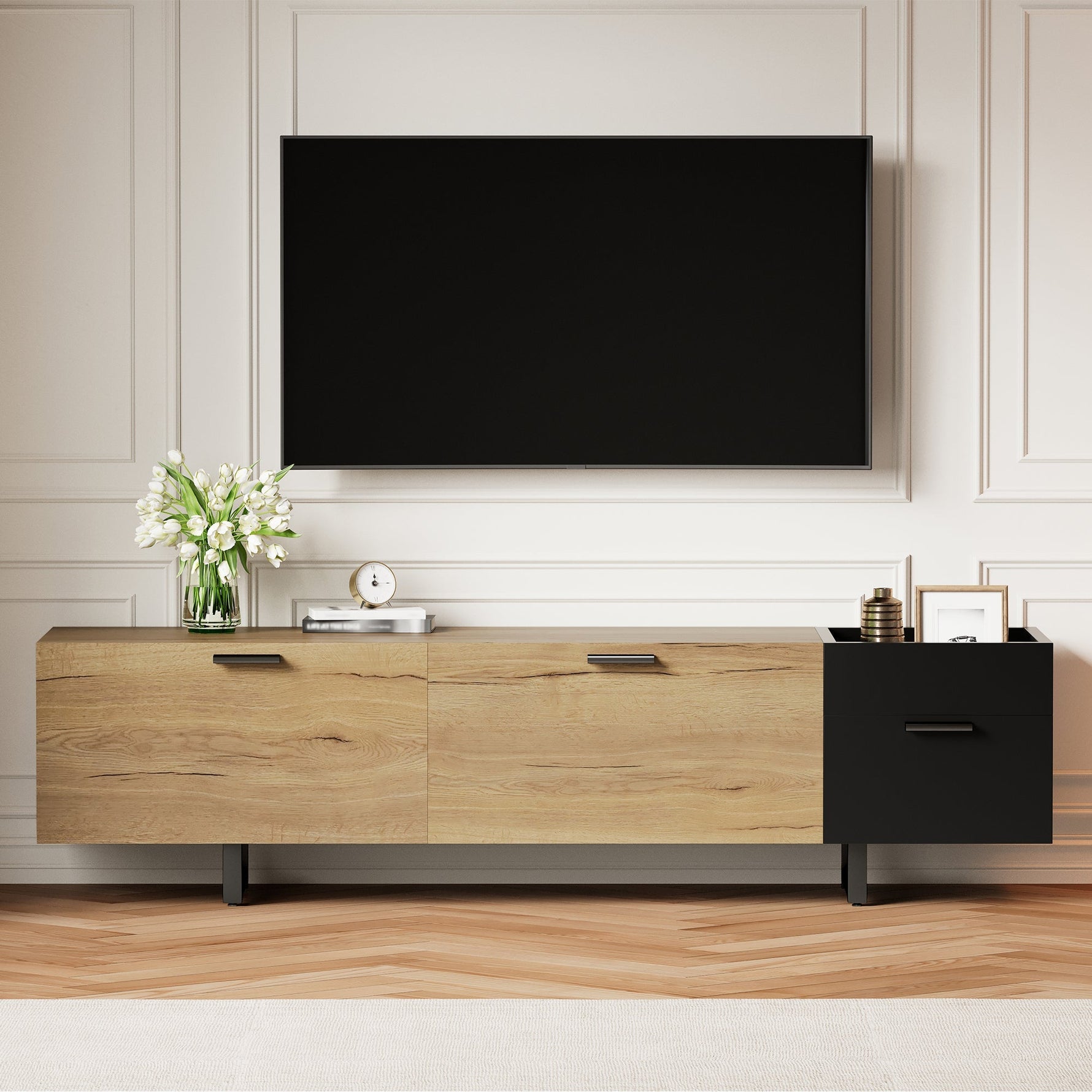 Modern TV Cabinet with Drawers and Open Compartments, Wood and Black