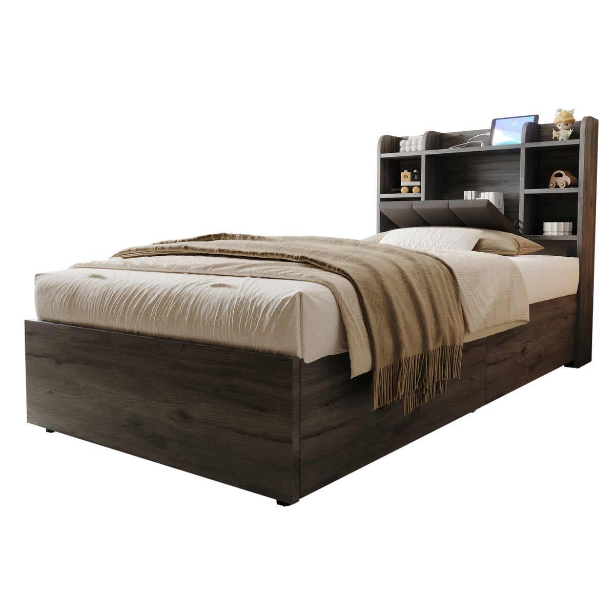 Wooden Bed, 90x200 cm Hydraulic with Storage & USB/Type-C, Grey