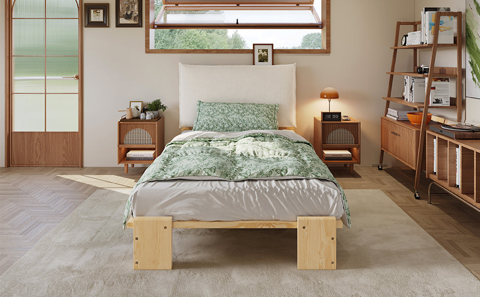 Upholstered Bed, Padded Headboard with Velcro and Sturdy Slatted Base, Pine and Plywood, Natural