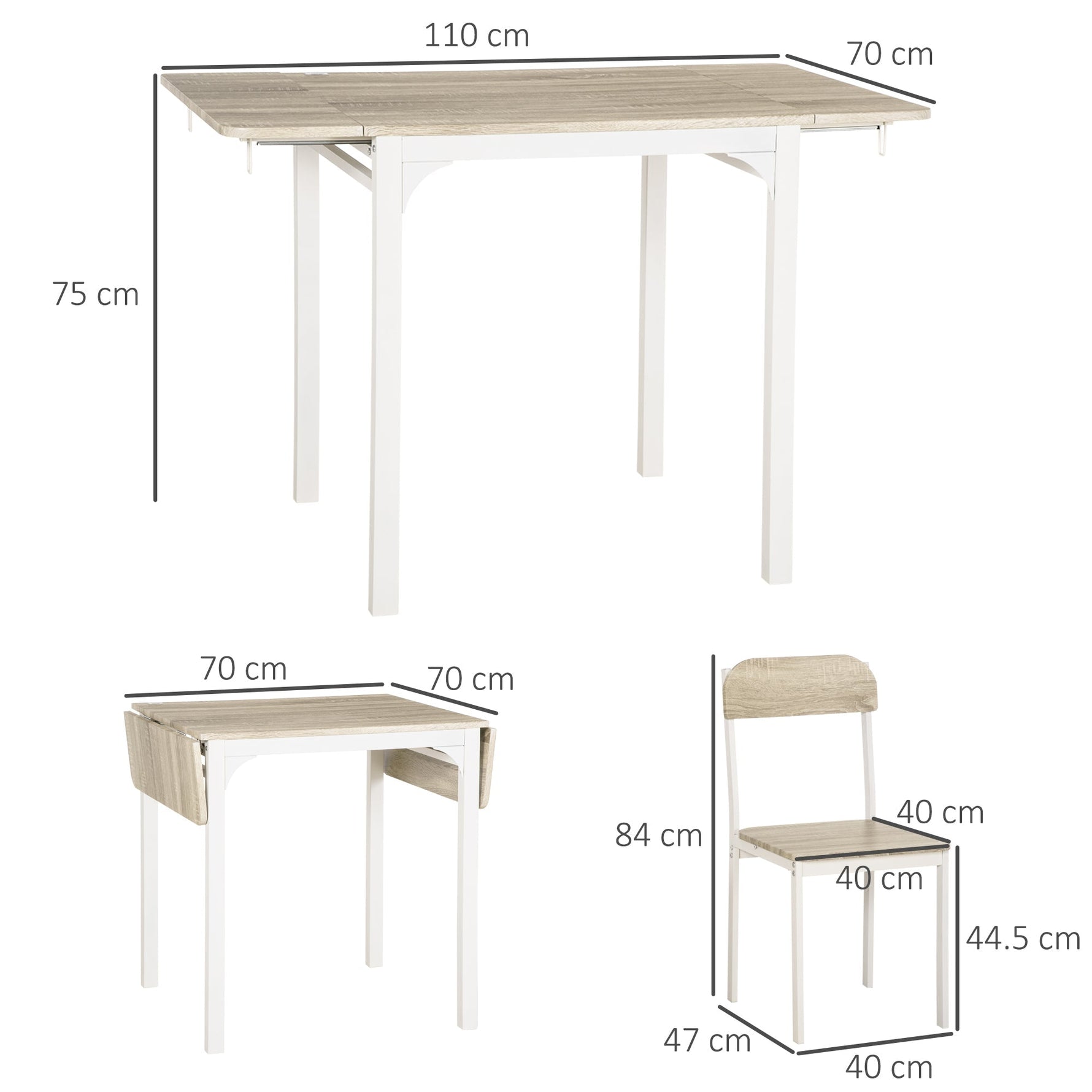 Dining Set, 3-Piece with Folding Table & 2 Chairs, Steel MDF, Natural White