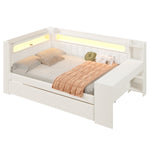 Upholstered Daybed 140x200 with USB, LED, Pull-Out Bed and Desk, White