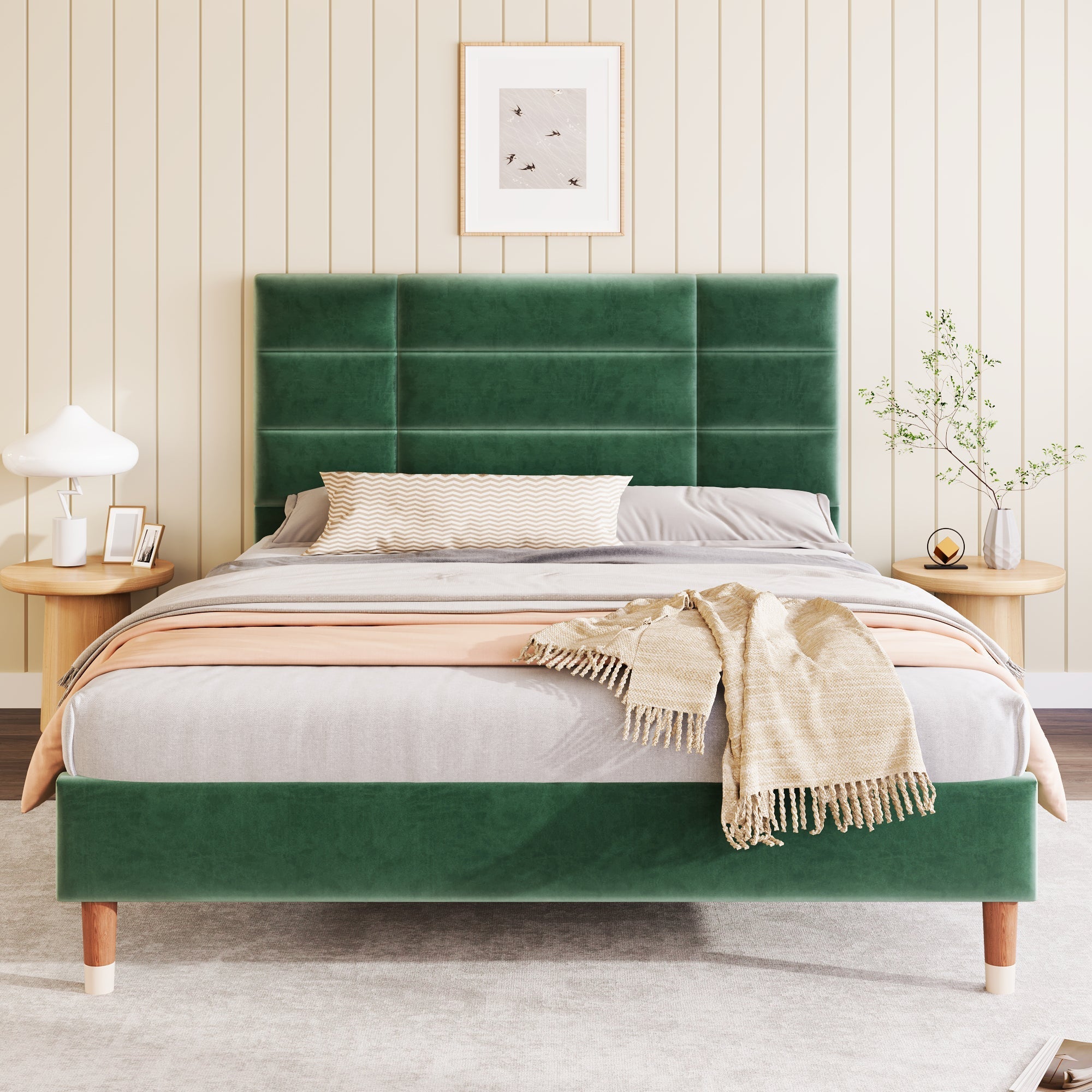 Upholstered bed, double bed with slatted frame 140x200cm, dark green velvet