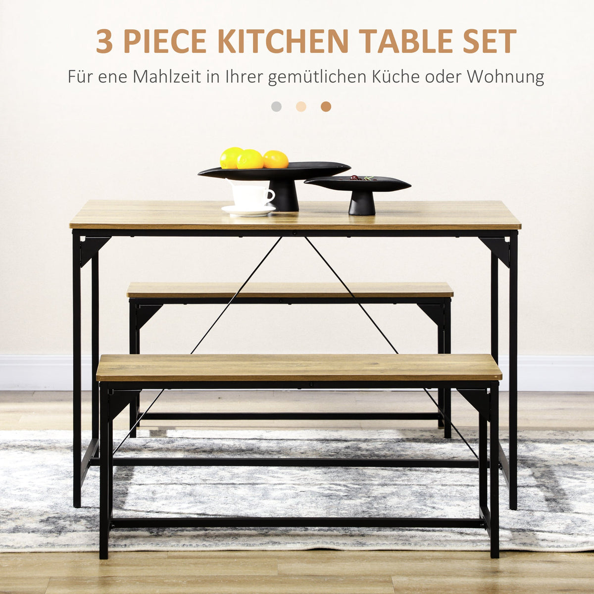 Dining Set, Industrial Design 3-Piece 4 People, Natural Wood