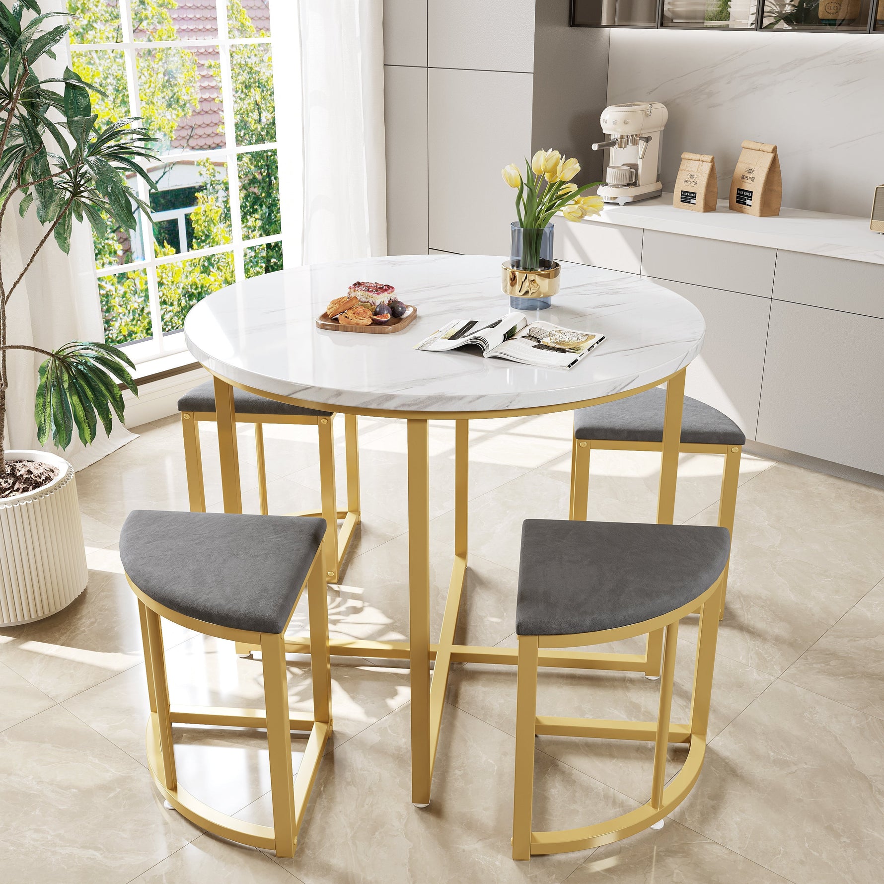 Dining Table Set 5-Piece Modern Luxury Gilded Iron Frame Grey Velvet