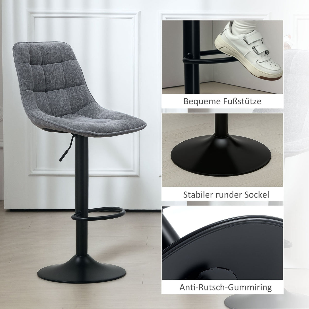 Bar Stools Set of 2, Height-Adjustable 360° Rotatable with Backrest, Dark Gray