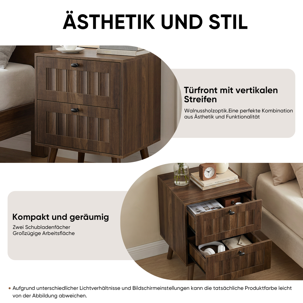 Modern Bedside Table with Two Drawers and Solid Wood Legs, 43.5 x 40 x 57.5 cm, Walnut