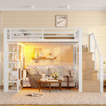Loft Bed 140x200cm with LED & Storage, White Iron Frame