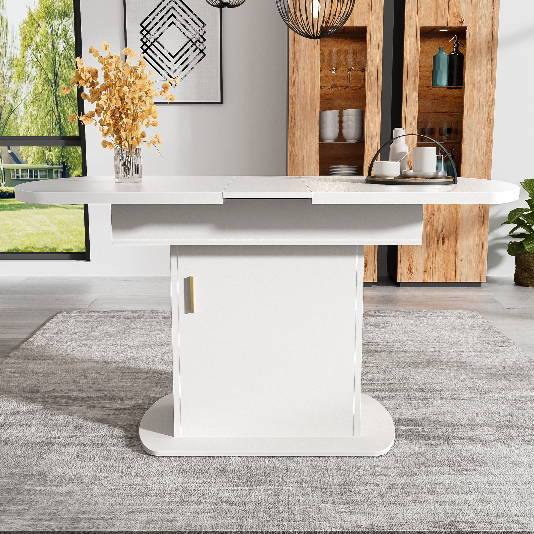 Dining Table Extendable Oval Storage White + Gold Handle