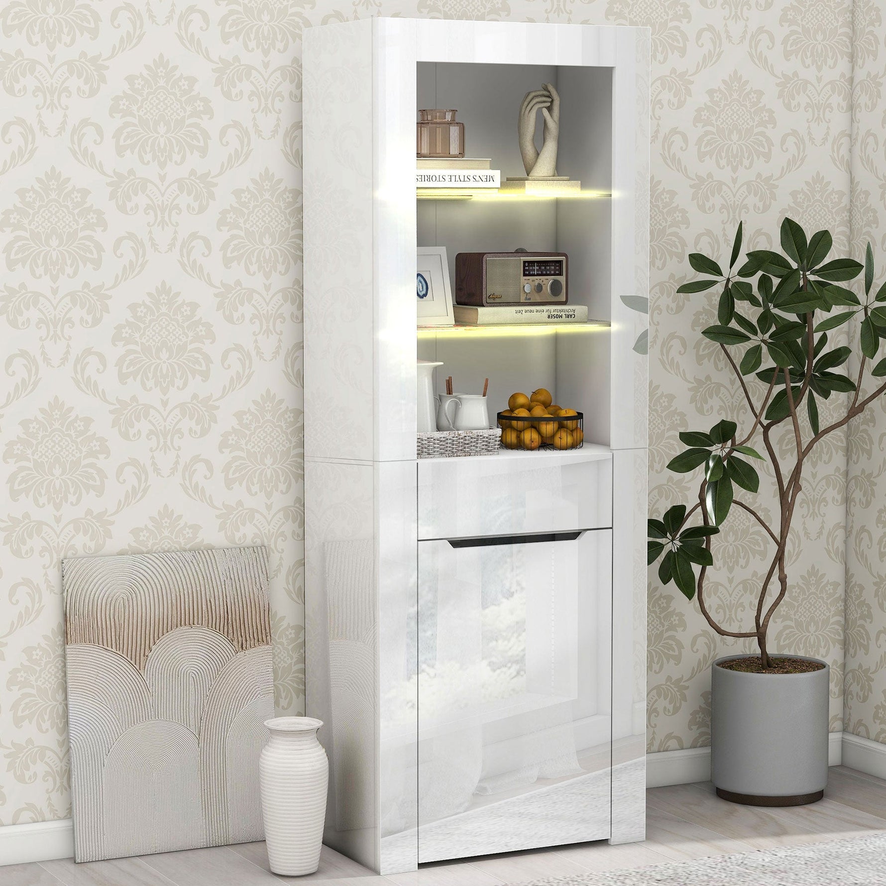Display Cabinet with App LED Lights and Shelves, White