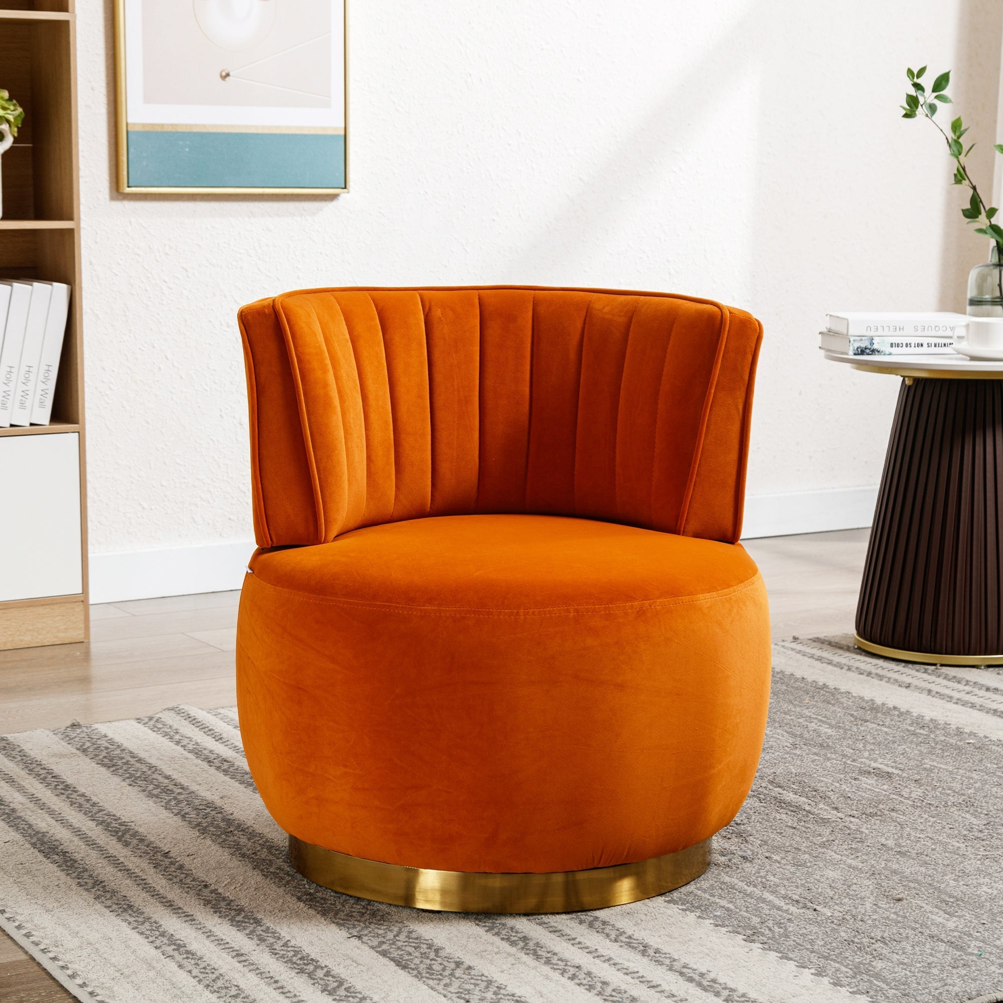 Swivel Barrel Chair 360° Round Comfortable, Orange Velvet