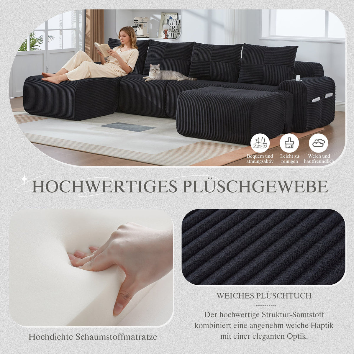 Modular 4-Seater Sofa with 2 Ottomans, Cup Holders and Storage, Black Corduroy
